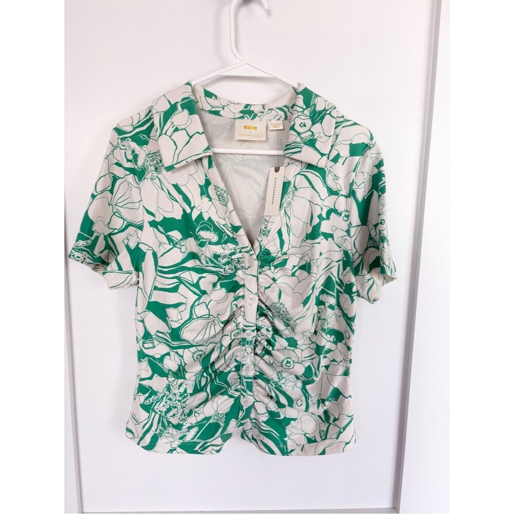 NWT Anthropologie Maeve Green Floral Ruched Front Button Polo Top - XL
